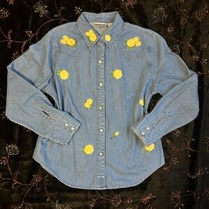 Chic Allure Denim Shirt with Yellow Floral Embroidery